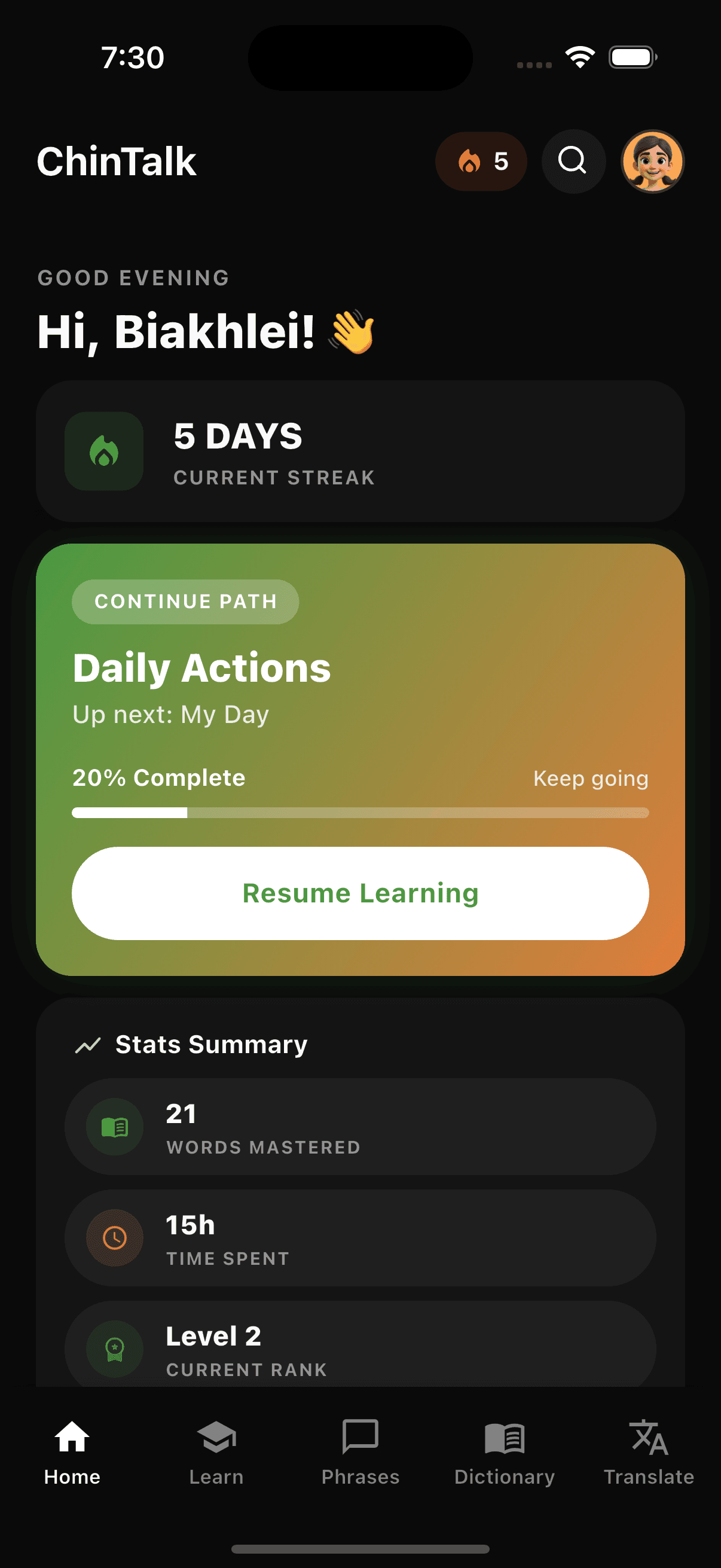 The ChinTalk app home screen